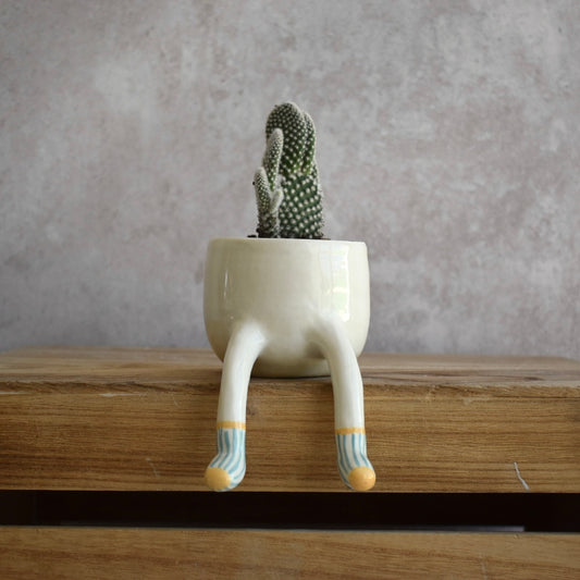 Maceta piernas colgantes calcetines azules chica